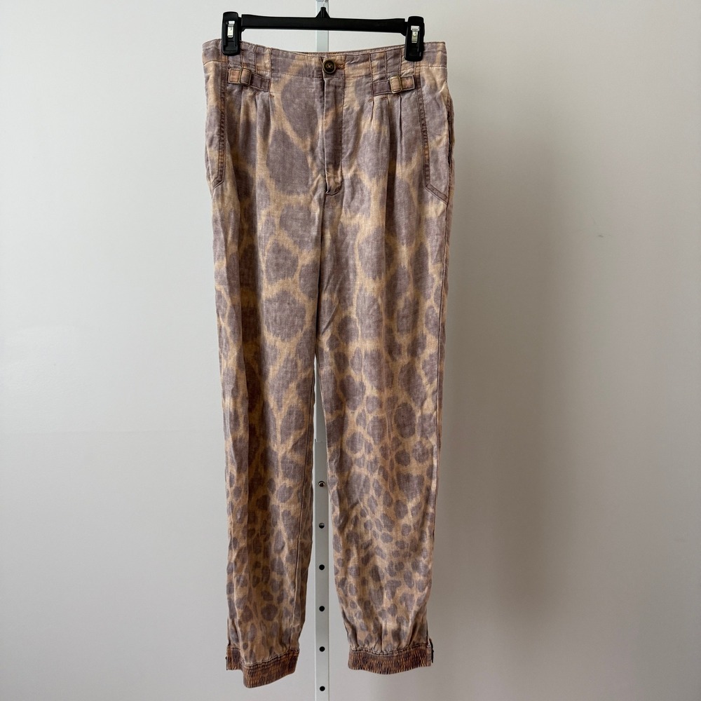 Anthropologie 4 Tan Giraffe Print Linen Blend Tapered Jogger Pants Safari Boho